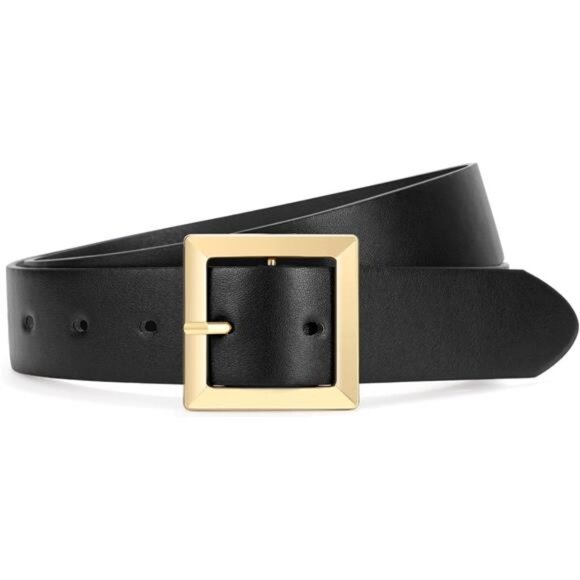 Leather Belt โ Square Gold Buckle, Adjustable Fashion Belt for Jeans & Dresses - Picture 1 of 2